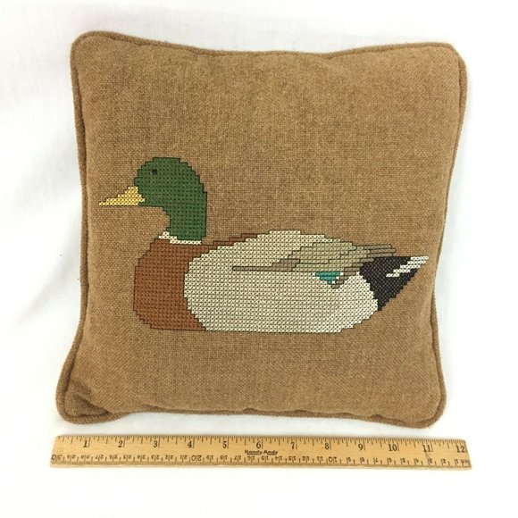 Vintage Other - Duck Decoy Cross Stitch Throw Pillow Brown 12” sq